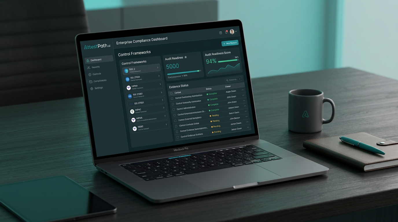 AttestPath compliance dashboard on a laptop