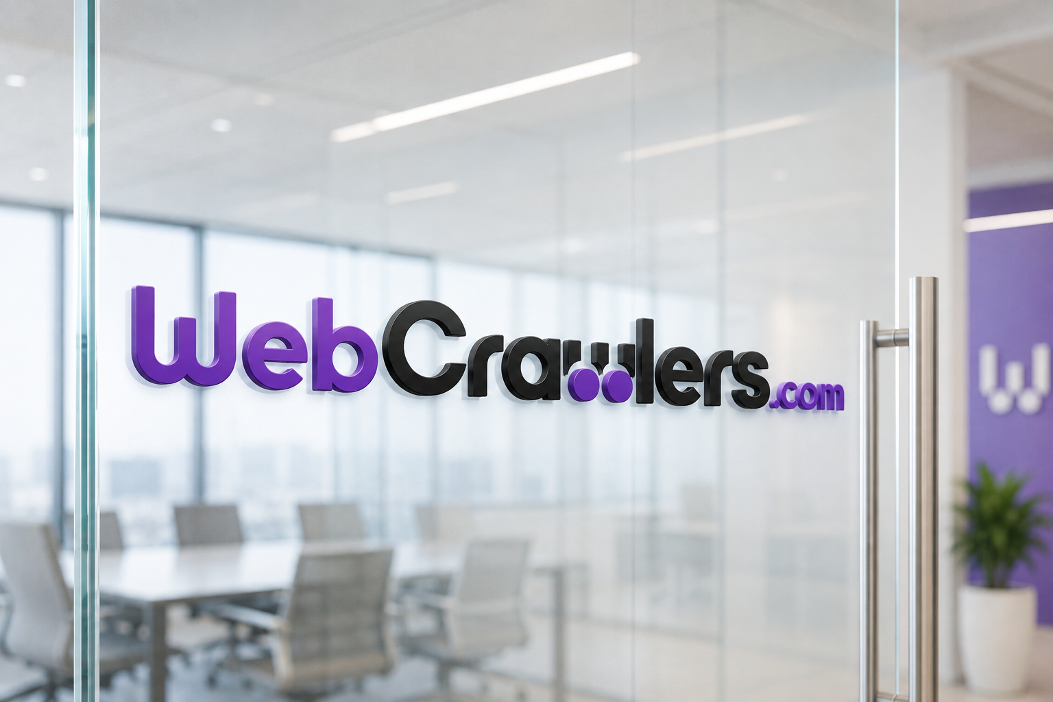 WebCrawlers logo on office glass signage