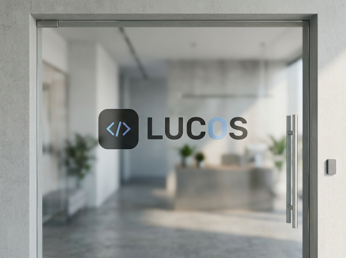 Lucos logo on office glass signage